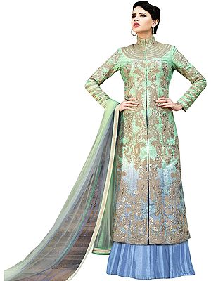 Green and Blue Long Designer Lehenga Suit with Embroidery All-Over and Sequins