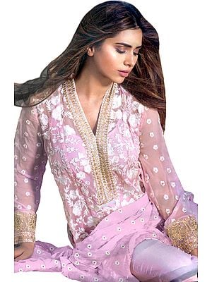 Prism-Pink Parallel Salwar Suit with Phulkari Embroidery All-Over