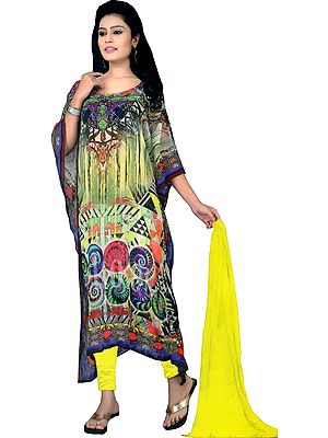 Multicolor Digital-Printed Chudidar Kaftan Suit with Stone-work on Neck