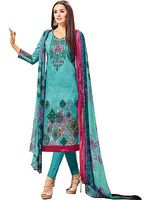 Blue-Tint Printed Long Parallel Salwar Suit with Embroidery on Neck and Chiffon Dupatta