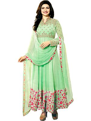 Pastel-Green Prachi Designer Anarkali Suit with Embroidery and Floral Print on Border