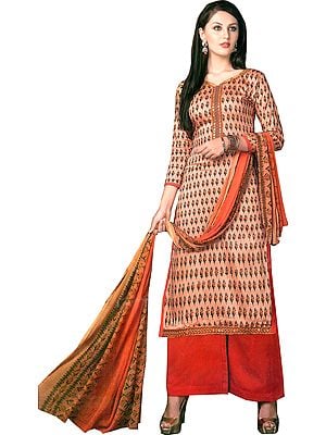Dusty-Pink and Orange Palazzo Salwar Suit with Printed Bootis and Mirrors on Neck and Border