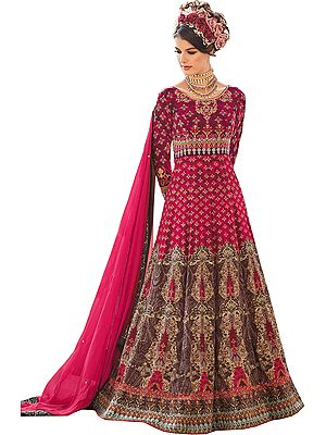Pink and Brown Designer Printed Floor-Length Anarkali Suit with Crystal-work