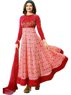 Virtual-Pink Prachi Designer Anarkali Suit with Floral Print and Embroidery