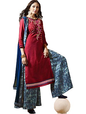 Red and Blue Printed Palazzo Salwar Suit with Embroidery