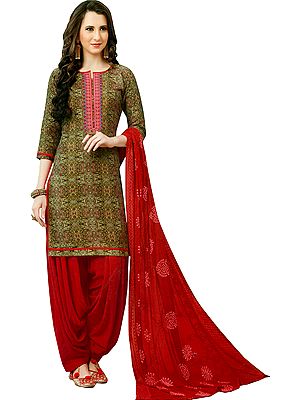 Cornstalk and Red Printed Patiala Salwar Kameez Suit with Embroidered Patch on Neck