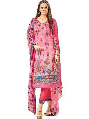 Geranium-Pink Printed Long Parallel Salwar Suit with Embroidery and Chiffon Dupatta
