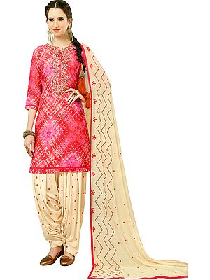 Pink and Ivory Printed Patiala Salwar Kameez Suit with Floral-Embroidery on Neck