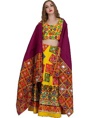 Lemon and Boysenberry Printed Lehenga Choli from Jodhpur with Embroidery and Large Sequins