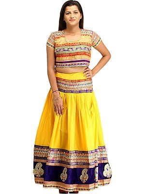 Spectrum-Yellow Two-Piece Lehenga Choli with Zari-Embroidery and Paisley Patches on Border