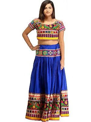 Princess-Blue Two-Piece Embroidered Lehenga Choli with Mirrors and Parrots on Border