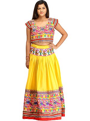 Yellow and Red Embroidered Two-Piece Lehenga Choli Depicting Dandia Dance and Embroidered Peacocks