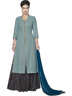 Gray and Blue Printed Lehenga Suit with Embroidery and Sequins