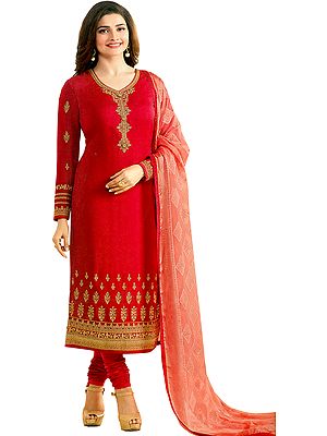 Geranium-Red Prachi Long Choodidaar Kameez Suit with Golden-Embroidery and Woven Bootis on Dupatta