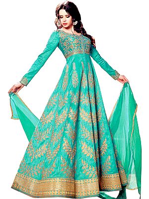 Atlantis-Green Anarkali Suit with Golden-Embroidery and Crystals