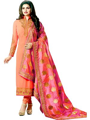 Peach-Nectar and Pink Prachi Choodidaar Kameez Suit with Zari-Embroidery and Woven Bootis on Dupatta