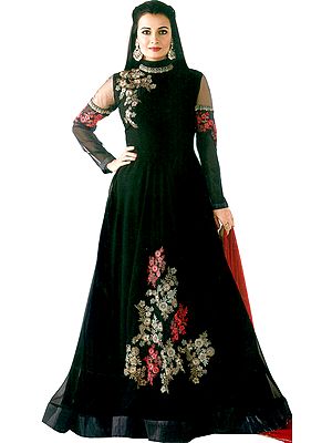 Jet-Black Dia Mirza Suit with Floral-Embroidery