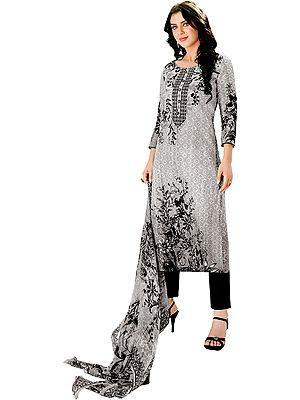 Gray and Black Printed Long Parallel Salwar Kameez Suit with Aari-Embroidery