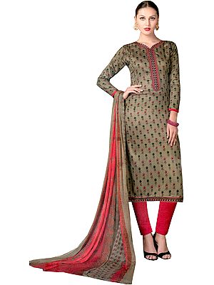 Gray and Pink Parallel Salwar Suit with Printed Bootis and Embroidered Patch on Neck
