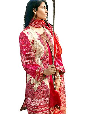 Bright-Rose Printed Parallel Salwar Kameez Suit with Chiffon Dupatta