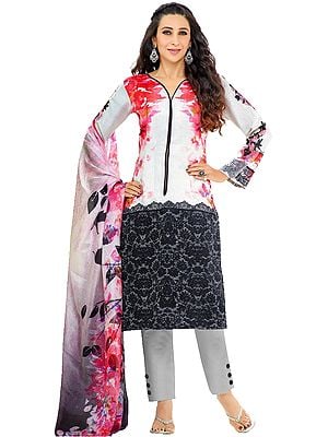 Gray and Pink Karishma Trouser Salwar Kameez Suit with Floral Print and Embroidered Patches on Sleeves