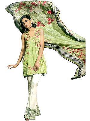 Green and White Printed Parallel Salwar Suit with Embroidered Flowers and Printed Chiffon Dupatta