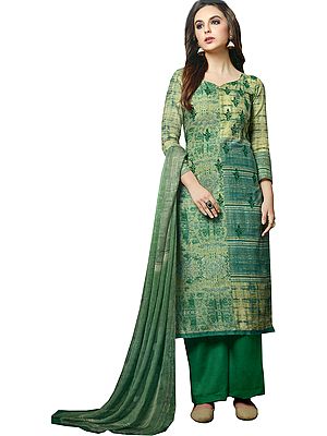 Green Printed Parallel Salwar Suit with Embroidered Bootis and Chiffon Dupatta