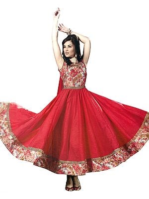 Geranium-Red Anarkali Suit with Floral Print and Gota Border