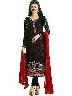Black and Red Prachi Embroidered Long Choodidaar Kameez Suit with Printed Flowers and Crystals