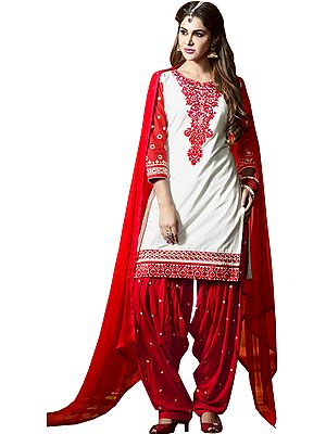 White and Red Embroidered Patiala Salwar Kameez Suit with Bootis on Salwar and Plain Chiffon Dupatta