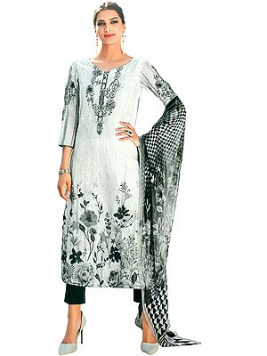 White and Gray Long Parallel Salwar Kameez Suit with Floral Print and Aari-Embroidery