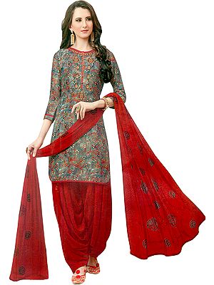 Gray and Red Printed Patiala Salwar Kameez Suit with Embroidery on Neck