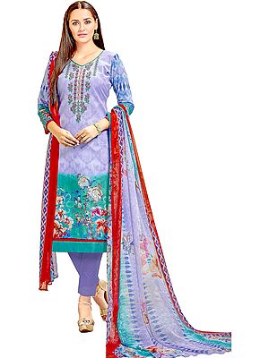 Purple-Heather and Turquoise Long Parallel Salwar Kameez Suit with Printed Flowers and Embroidery on Neck