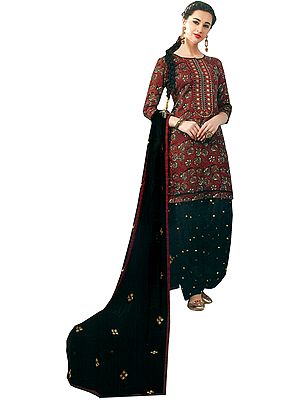 Maroon and Black Floral Printed Patiala Salwar Kameez Suit with Embroidered Patch on Neck and Bootis on Salwar