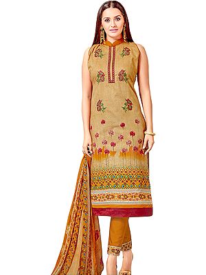 Beige and Nugget Long Printed Parallel Salwar Kameez Suit with Embroidery and Chiffon Dupatta