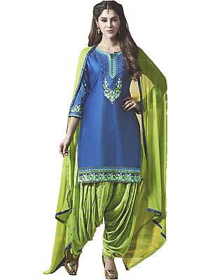 Jasmine-Green and Nautical-Blue Digital-Printed Patiala Salwar Kameez Suit with Floral Embroidery