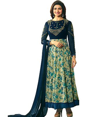 Blue-Sapphire Designer Anarkali Suit with Printed Florals