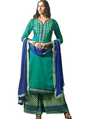 Pepper-Green and Royal-Blue Palazzo Salwar Suit with Embroidery on Neck