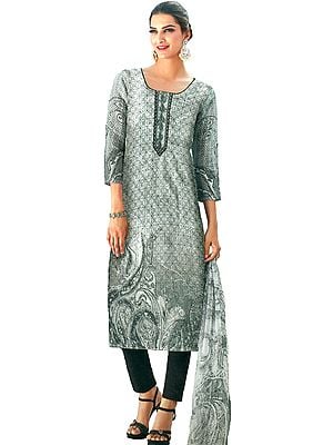 Gray and Black Trouser Salwar Kameez Suit with Digital Print and Embroidered Flowers