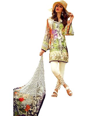 White Sand Digital-Printed Trouser Salwar Kameez Suit with Chiffon Dupatta