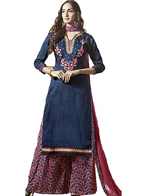 Blue and Red Digital-Printed Palazzo Salwar Suit with Embroidery on Neck