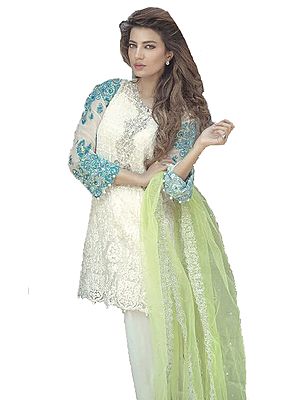 Off-White Parallel Salwar Suit with All-over Embroidery and Embellished Pearls