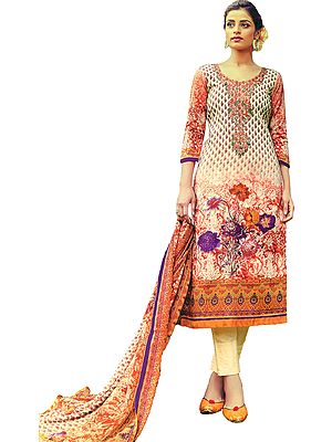 Peach-Parfait Digital-Printed Trouser Salwar Kameez Suit with Embroidery on Neck and Chiffon Dupatta