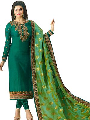 Greenlake Prachi Long Choodidaar Kameez Suit with Golden Floral Embroidery