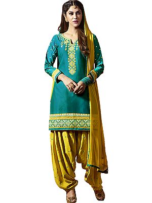 Green and Yellow Patiala Salwar Kameez Suit with Embroidered Booties