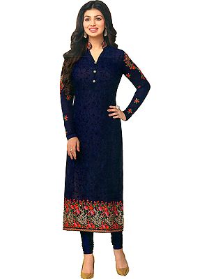 Twilight-Blue Ayesha Long Choodidaar Kameez Suit with Floral Embroidery