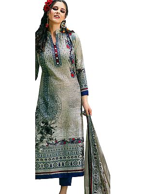 Off-White and Blue Long Trouser Salwar Kameez Suit with All Over Embroidery and Dupatta in Self-weave