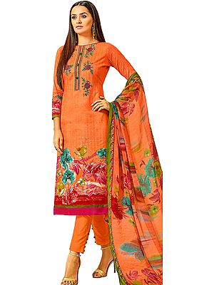 Cantaloupe-Orange Digital-Printed Trouser Salwar Kameez Suit with Embroidery on Neck and Chiffon Dupatta