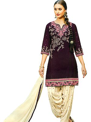 Grape Wine and Beige Patiala Salwar Kameez Suit with Embroidered Flowers and Bootis