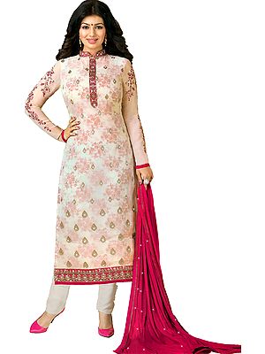Ivory and Pink Ayesha Long Chudidar Salwar Kameez Suit With Golden Embroidery and Floral Print